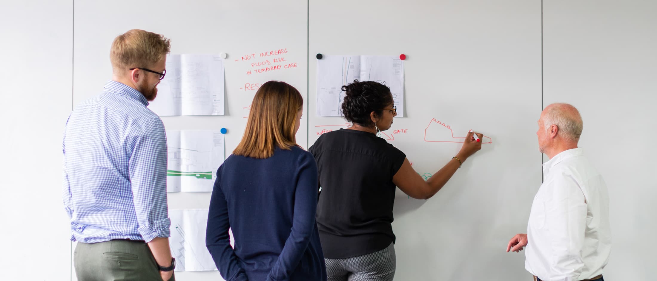 A group of people standing in front of board in the office